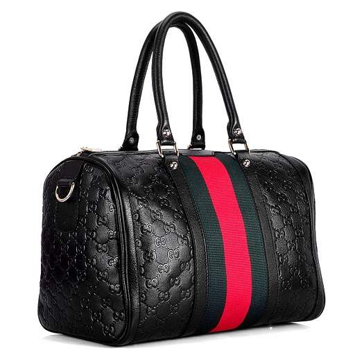 1:1 Gucci 247205 Vintage Web Medium Boston Bags-Black Guccissima Leather - Click Image to Close